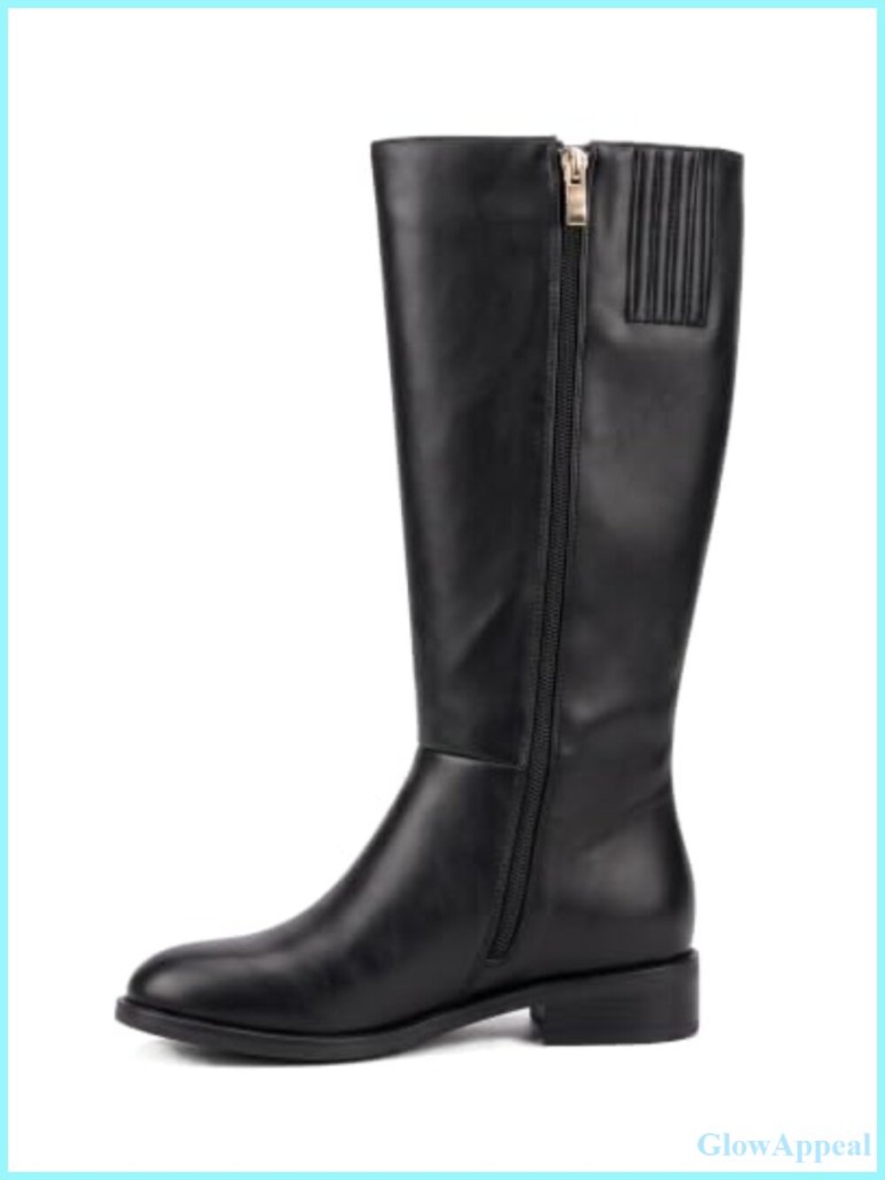 Wide Calf Knee High Boots Faux Leather Round Toe Side Zipper Low Heel